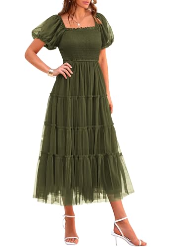 PRETTYGARDEN Women's Summer Smocked Midi Tulle Dress - color: Army Green, size: Large