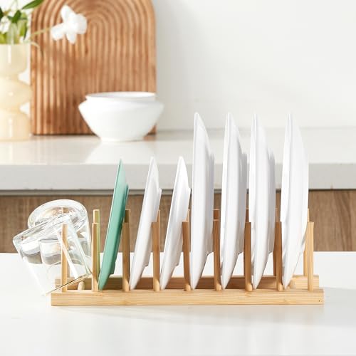 NOVAYEAH Bamboo Wooden Dish Rack-Plate Pot Lid Organizer Rack for Cabinet - size: 1 Pack