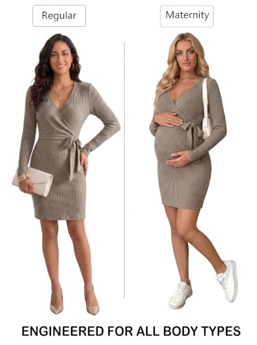 BLENCOT Maternity Dress Fall Long Sleeve Wrap Bodycon Pregnancy Dresses - color: Khaki, size: XX-Large