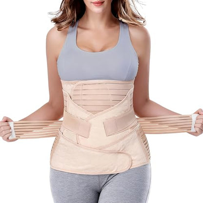 ChongErfei 3 in 1 Postpartum Belly Wrap Recovery Band Belt Abdominal Binder - color: Beige, size: X-Large