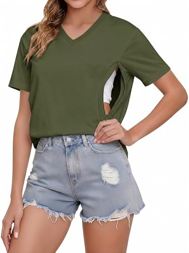 Nursing Shirts for Breastfeeding Women Zipper Maternity Graphic Tee - color: Army Green, size: Medium