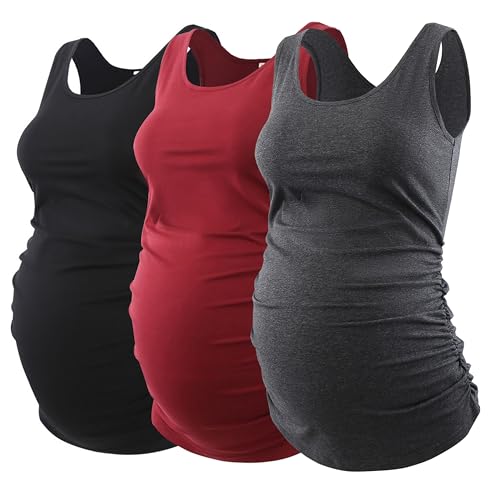 Ecavus 3 Pack Maternity Tank Tops Side Ruched Pregnancy Shirts for Women - color: Black/Wine Red/Dark Grey, size: Small