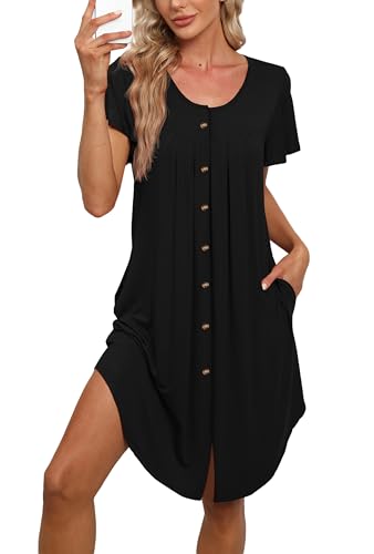 Womens Button Down Nightgown Pleated Front Short Sleeve Sleepshirt - color: A-solid - Black, size: X-Large