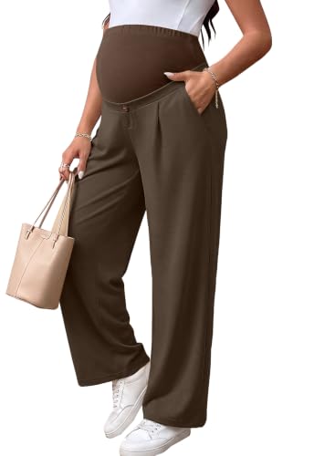 BLENCOT Maternity Pants Over Belly Stretchy Wide Leg Work Trousers - color: Brown, size: Small