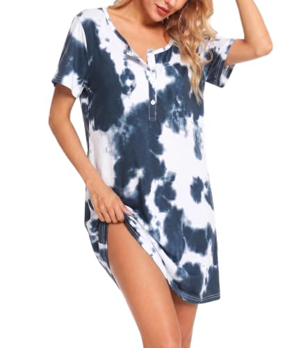 ENJOYNIGHT Women Cotton Nightgown Tie Dye Nightshirt Nursing Sleepshirt - color: Navy, size: Medium