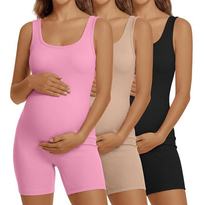 3 Pack Maternity Rompers for Women - color: Black, Khaki, Pink, size: Medium