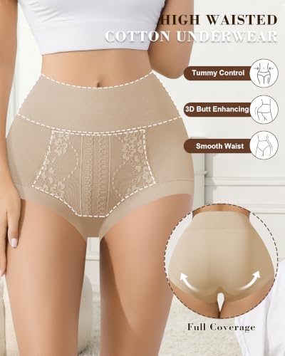 Annenmy Womens Cotton High Waisted Underwear Full Coverage Lace Panties Scalloped Edge Briefs 5 Pack Regular & Plus Size - color: Multicolor-b, size: Large