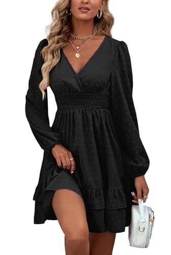 Rooscier Women's Wrap V Neck Swing Ruffle Swiss Dots Long Sleeve Mini Dress - color: Plain Black, size: Small