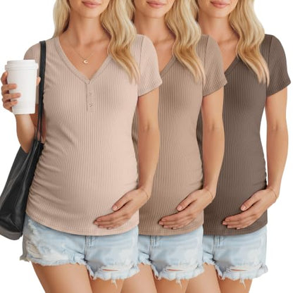 3 Pack Women's Maternity Shirts - color: Cream, Khaki, Light Coffee, size: XX-Large
