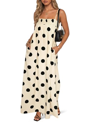 Wenrine Womens Polka Dot Maxi Dress Spaghetti Strap Long Summer Dresses - color: White, size: Small