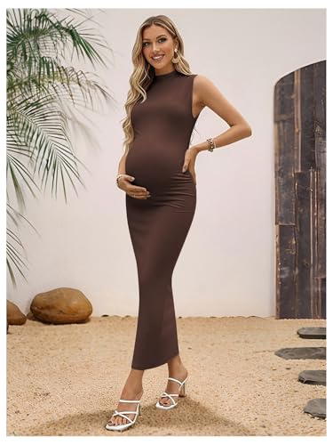 OYOANGLE Women's Maternity Mock Neck Sleeveless Ruched Bodycon Maxi Dress - color: Coffee Brown, size: Large
