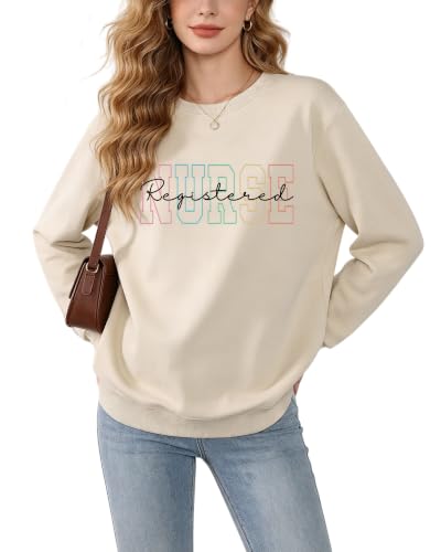 Registered Nurse Sweatshirt Women RN Nurse Long Sleeve Graphic Shirts - color: Beige, size: X-Large