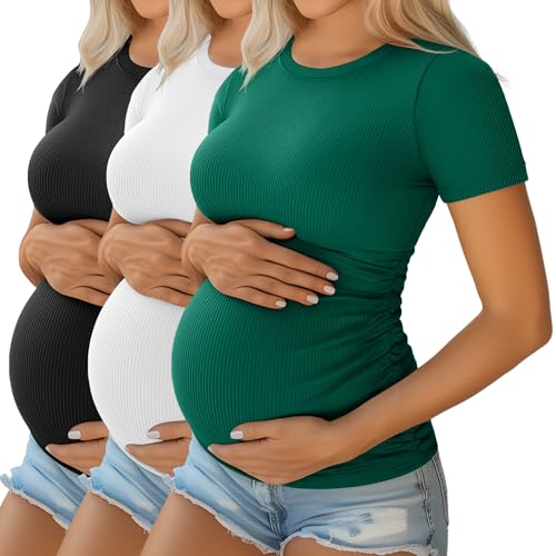 Ficerd 3 Pack Women's Short Sleeve Maternity Shirts - color: Green, White, Black, size: Large