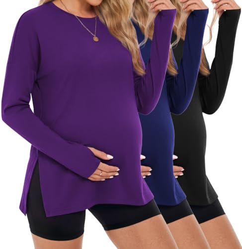 3 Pack Women Maternity Shirts Long Sleeve Pregnancy Tops with Thumb Hole - color: Black/Deep Purple/Navy Blue, size: Small