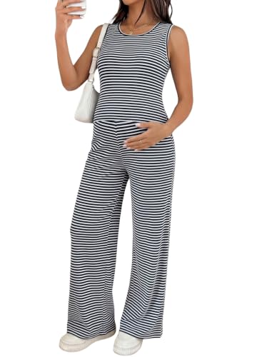 BLENCOT Maternity Clothes Striped Sleeveless Sets Casual 2 Piece Outfits - color: Blue Stripe, size: Large