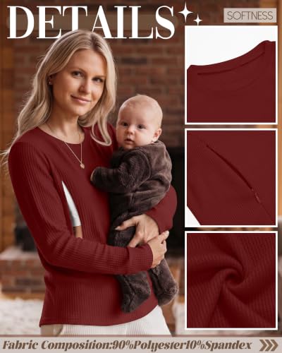Neer 3 Pack Women's Nursing Hidden Zipper Long Sleeve Shirts - color: Wine Red, Navy Blue, Black, size: Large