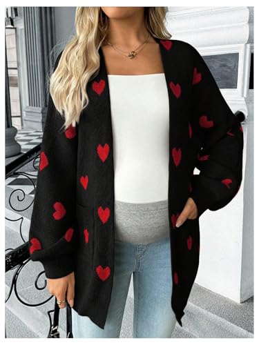 MakeMeChic Women's Maternity Heart Sweater Cardigan Fall Winter Clothes - color: Black and Red, size: Large