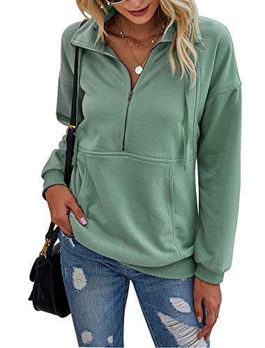 PRETTYGARDEN Women's Casual Long Sleeve Sweatshirt Half Zip Pullover Tops - color: Green, size: Large