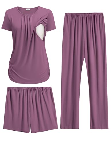 Ekouaer Maternity Nursing Pajamas Set 3 Piece Postpartum Breastfeeding Pjs - color: Purple Red, size: Large