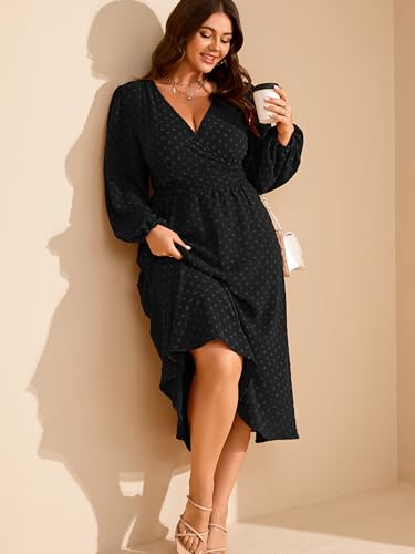 RWJ Women's Plus Size Fall Wedding Guest Dress V Neck Swiss Dot Long Sleeve - color: Black, size: XX-Large Plus