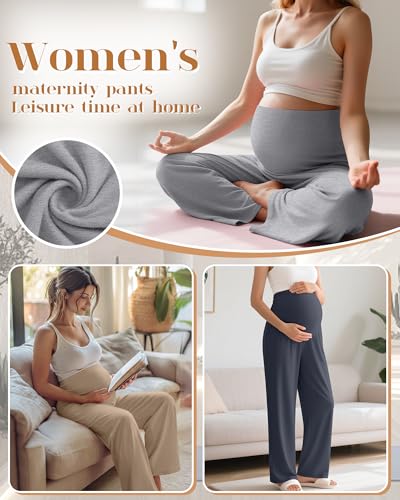 3 Pack Women's Maternity Lounge Pants with Pockets - color: Dark Gray, Light Gray, Khaki, size: Large