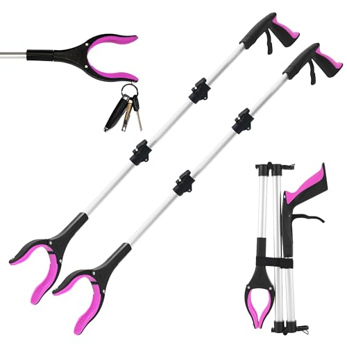 Grabber Reacher Tool for Seniors, 43" Foldable Reacher Grabbers Pickup Stick with Anti-Slip 360° Rotating Jaw, with Magnet for Disabled, After Surgery Recovery (Pink, 43inch 2pack) - color: Pink, size: 43 Inch 2pack