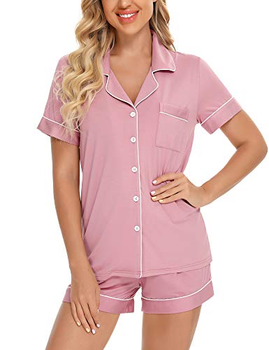 Anjue Womens Pajamas Set Short Sleeve Button Down Soft Pj Sets S-XXL - color: A Dusty Rose, size: Medium