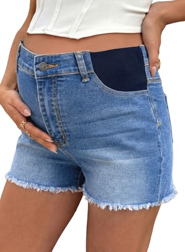 BLENCOT Maternity Jeans Shorts Frayed Hem Pregnancy Shorts Summer Clothes - color: Beau Blue, size: X-Large