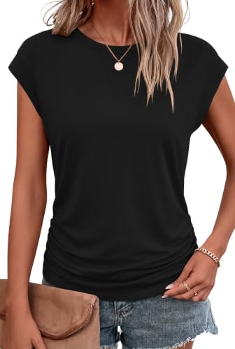 Bliwov Womens Summer Tops Cap Sleeve Crew Neck Casual T Shirts - color: Black, size: Large