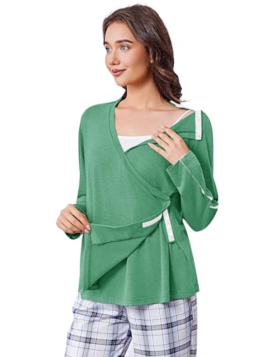 Deyeek Women's Post Shoulder Surgery Shirts Long Sleeve V-Neck Wrap Chemo Blouse Easy Access Adaptive Snap On Dialysis Shirts - color: Green, size: X-Large