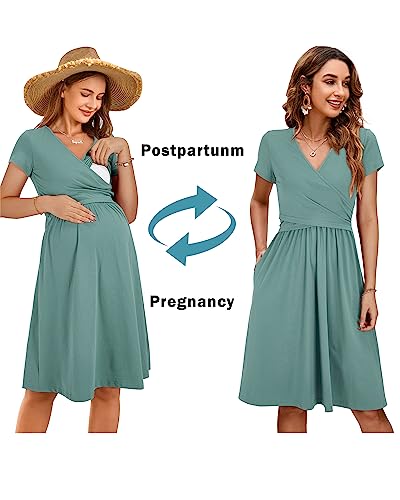 OUGES Women's Wrap V Neck Summer Casual Maternity Nursing Dress - color: Gray Blue, size: Medium