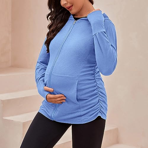 DEBELLY Maternity Sweatshirt Zip Up Hoodie Pockets Pregnancy Postpartum - color: Light Blue, size: Large