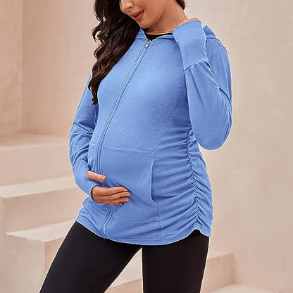 DEBELLY Maternity Sweatshirt Zip Up Hoodie Pockets Pregnancy Postpartum - color: Light Blue, size: Large