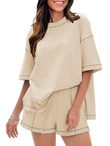 EXLURA Womens Short Sets 2 Piece Outfits Summer 100% Cotton Matching Set - color: Apricot, size: X-Large