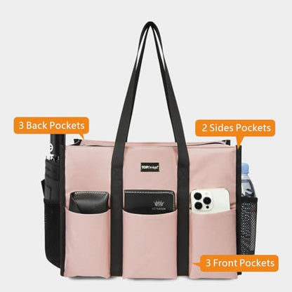 TOPDesign Utility Water Resistant Tote Bag with 13 Pockets, Zipper Closure - color: Pink, size: Medium