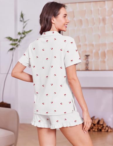 Ekouaer Women's Pajamas Sets Button Down Pjs Short Sleeve Ruffle Sleepwear - color: Cherry, size: X-Large