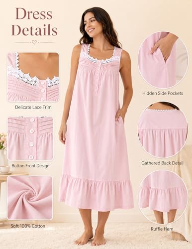 Viakeo 100% Cotton Nightgown for Women - color: Pink, size: Medium