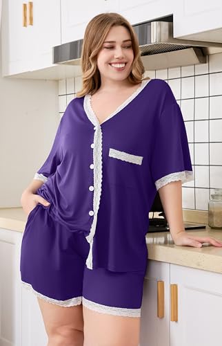 Plus Size Women Pajama Sets Button Down Lace Trim 2pcs Nightwear - color: Bright Purple, size: 4X-Large