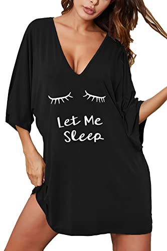 Ekouaer Nightgowns for Women Deep V Neck Sleep Shirt Oversized Night Shirt - color: Black Letters, size: Small