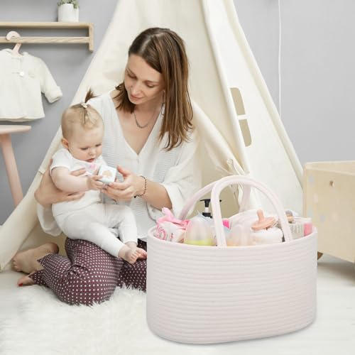COMSE Large Cotton Rope Baby Diaper Caddy Organizer with Handles, White - color: White, size: Large