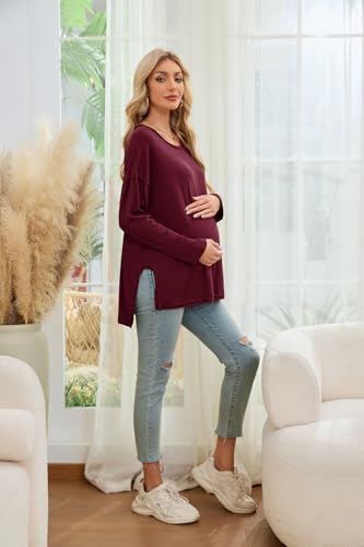 Smallshow Women's Long Sleeve Maternity Shirts Loose Tunic Pregnancy Tops - color: Maroon, size: Small