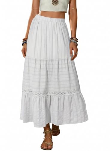 BLENCOT Women's Boho Tiered High Waisted Cotton Long Flowy Skirt - color: A White, size: Small