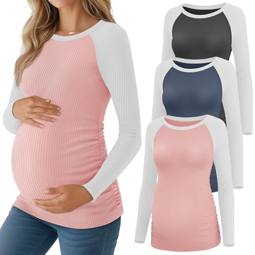 Neer 3 Pack Maternity Long Sleeve Shirts Ribbed Pregnancy Tops - color: Dark Gray, Haze Blue, Pink, size: Small