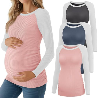 Neer 3 Pack Maternity Long Sleeve Shirts Ribbed Pregnancy Tops - color: Dark Gray, Haze Blue, Pink, size: Small