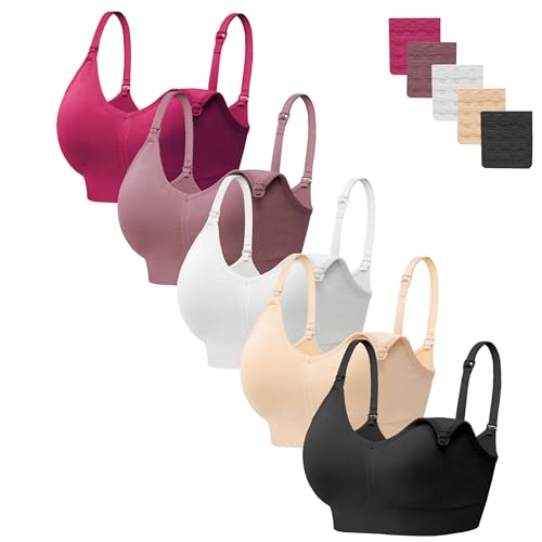 HBselect Women Maternity Bras 5 Pack Nursing Bras for Breastfeeding - color: 5pack(wine Red/Dusty Pink/White/Nude/Black), size: Medium