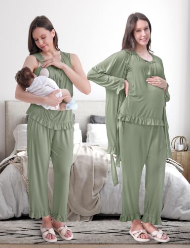 SUNNYBUY 3 PCS Ruffle Maternity Nursing Pajamas Set & Robe for Postpartum - color: Sage Green, size: Medium