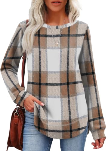 OFEEFAN Womens Sweaters Crew Neck Tunic Tops Long Sleeve Shirts Curved Hem - color: C-brown Plaid, size: Medium
