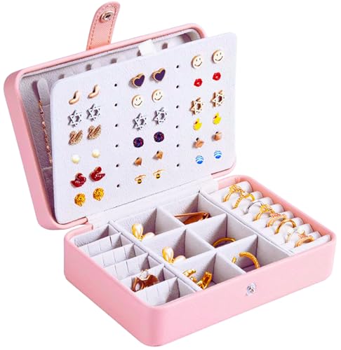 QBestry All-in-One Travel Jewelry Organizer for Women Pink | Small Jewelry Box with 68 Earring Holes | Compact Portable Jewelry Case for Earrings, Rings, Necklaces | Perfect Gifts for Mom Wife Girls - color: Light Pink, size: Small