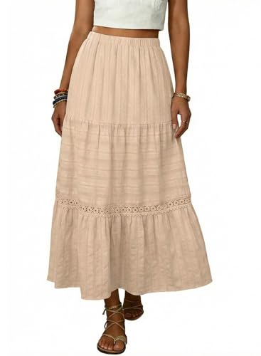 BLENCOT Women's Boho Tiered High Waisted Cotton Long Flowy Skirt - color: Apricot, size: Medium