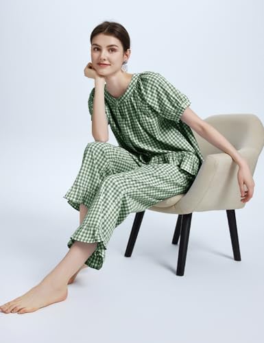 Flygo Women's Cotton Gingham Pajama Set 2 Piece Ruffle Lounge Sleepwear - color: Darkgreen, size: Medium